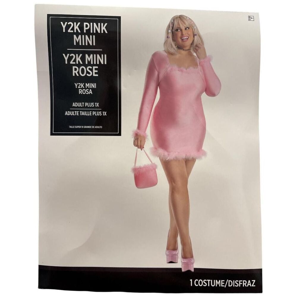 Women's Halloween Y2K Pink Mini Dress Costume Plus 1X Faux Fur Complete Outfit